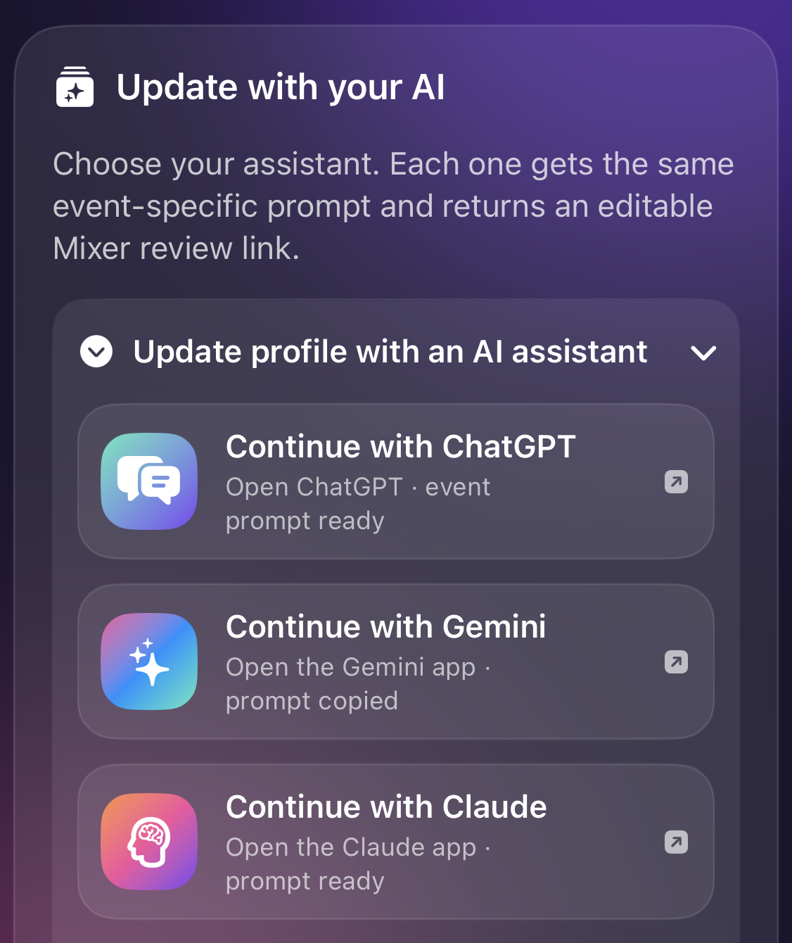 Mixer screen offering ChatGPT, Gemini, and Claude as AI assistants for updating an event profile