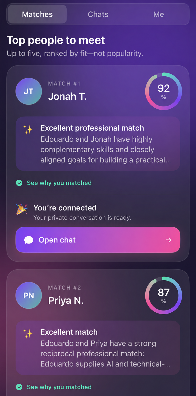 Mixer attendee results showing ranked matches, compatibility scores, why each person matched, and access to private chat after connecting